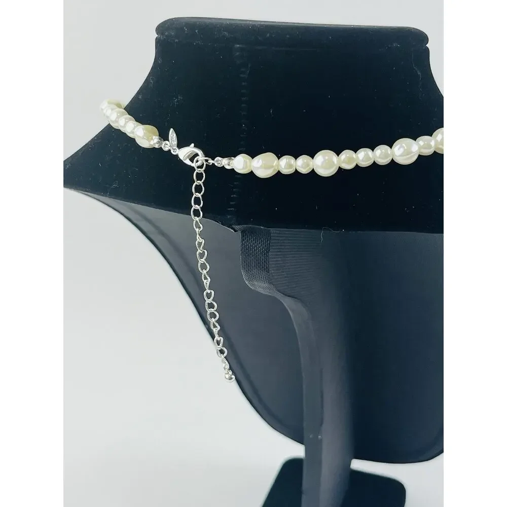 Avon SAQ Faux Pearl Necklace Silver-tone Choker Collar Could be bracelet - doubl